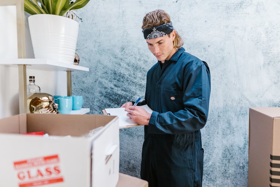 A young man wearing a navy blue uniform and a black bandana with a white pattern is standing indoors, possibly in a storage or packing area, overlooking several cardboard boxes. One box, marked with r